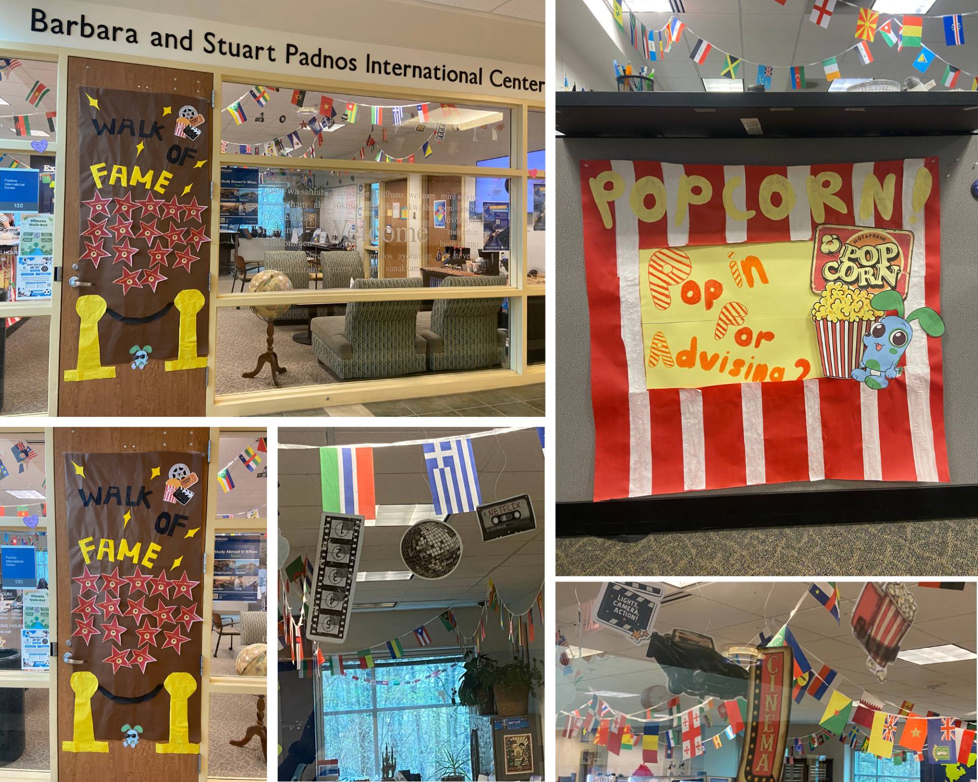 Walk of fame on doorway with student names in stars, popcorn table and movie decorations hanging from the ceiling